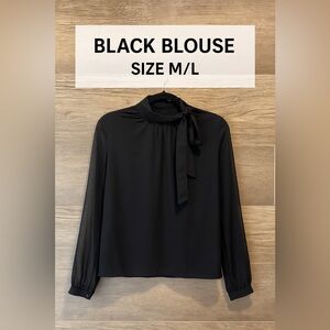Black Sheer Sleeve Blouse Women’s M/L Bow Accent